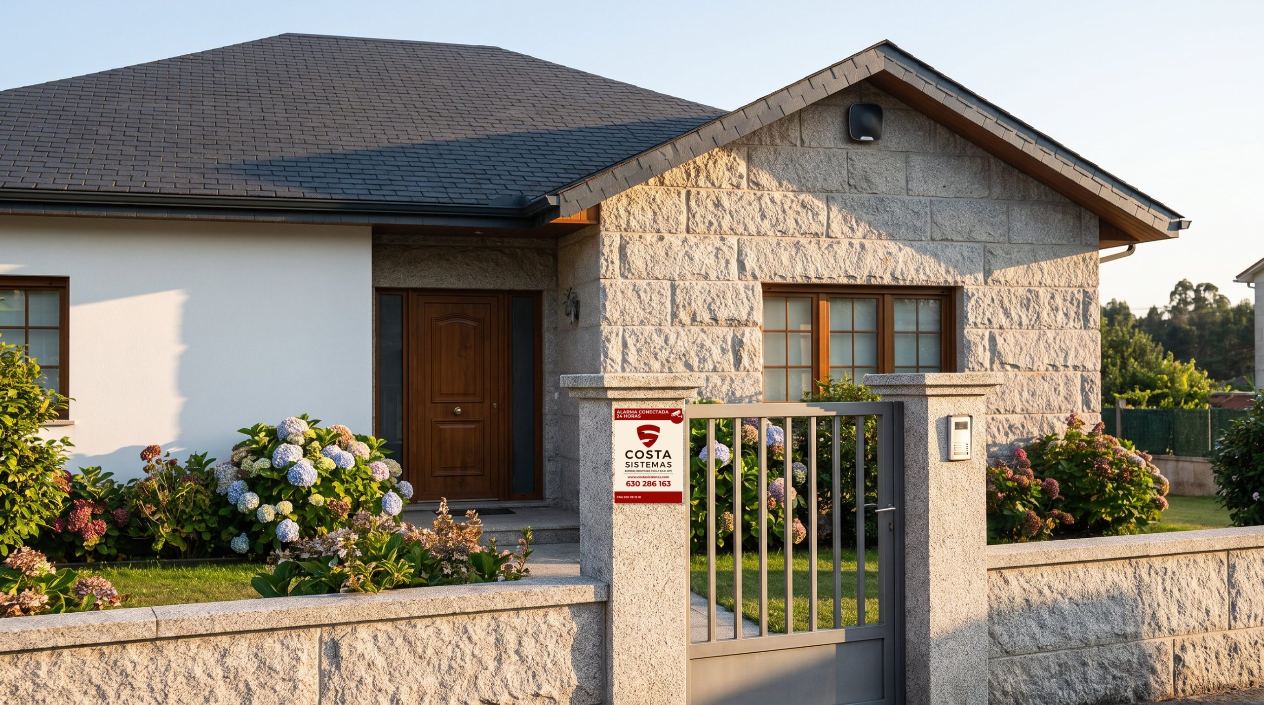 Casa en Pontevedra con placa disuasoria de Costa Sistemas y sirena exterior Ajax