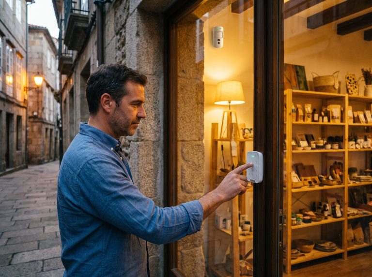 Comerciante activando la alarma Ajax con el teclado a la entrada de su tienda