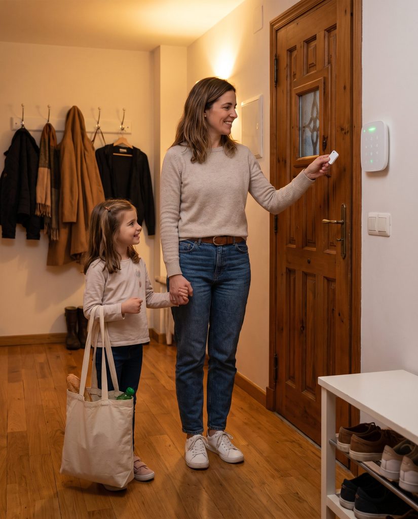 Madre e hija llegando a casa y desarmando la alarma Ajax con el llavero en el teclado