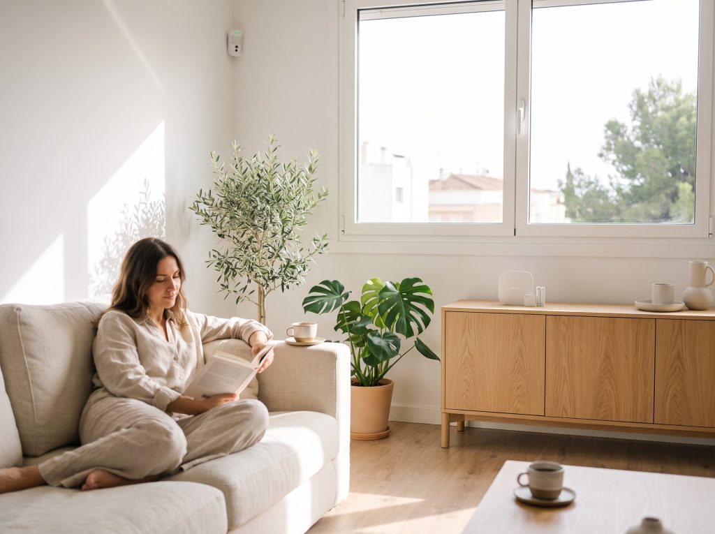 Salón de una vivienda protegido con detector Ajax con cámara y central Ajax