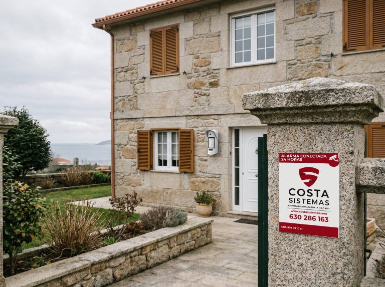 Segunda residencia en la costa gallega con detector exterior Ajax y placa de Costa Sistemas